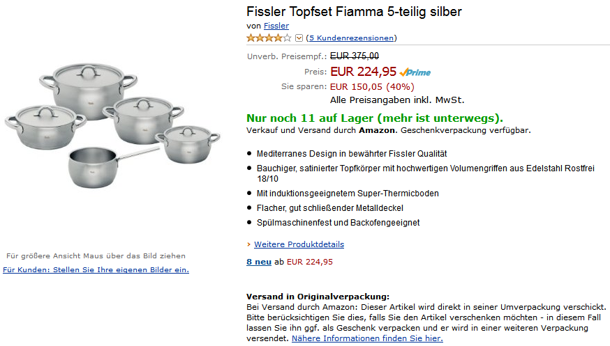 아마존 독일에서 Fissler Topfset Fiamma 5-teilig silber 주문